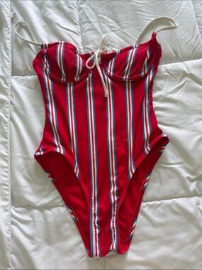Red Striped One-Piece Swimsuit with Contrast Trim